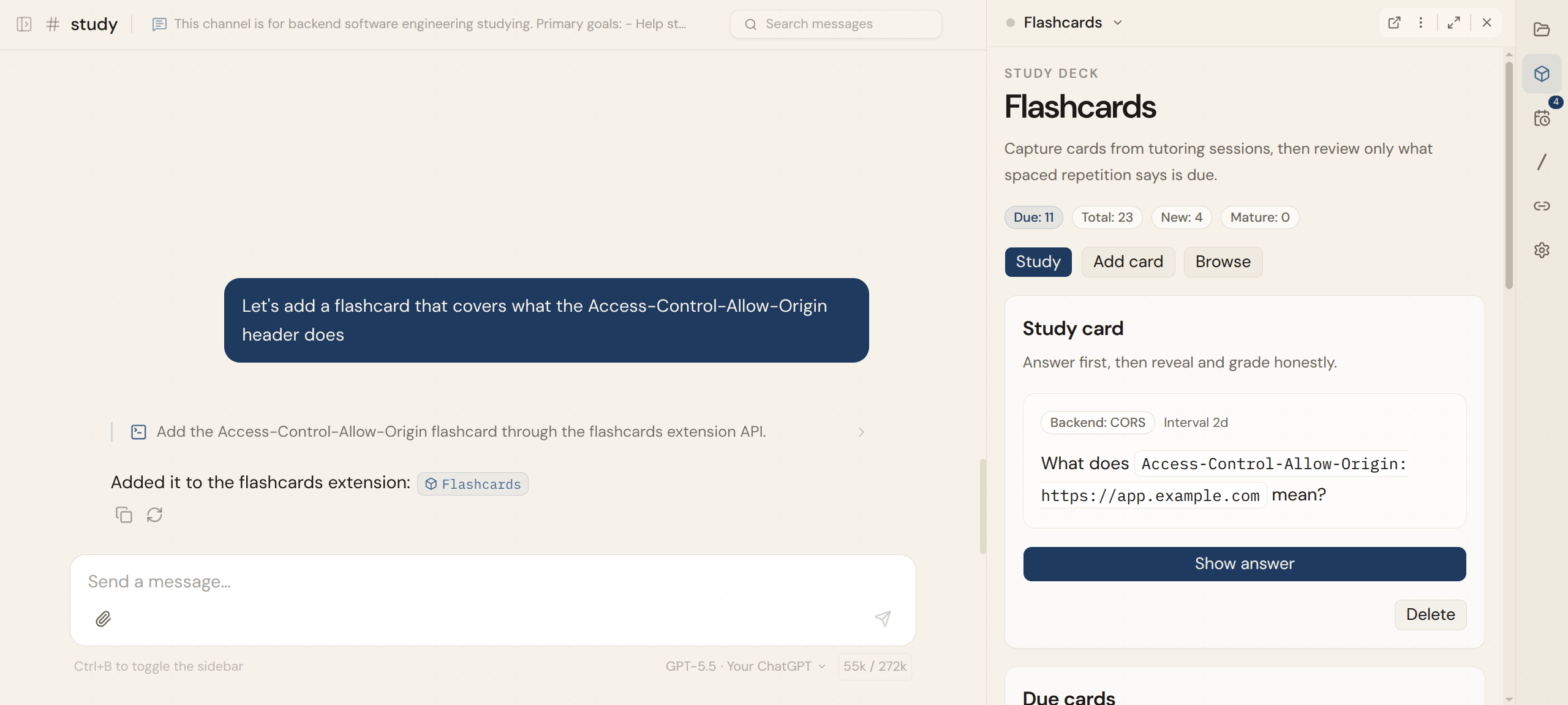 Printhouse workspace showing a #study conversation where the agent adds a flashcard, with the flashcards extension open in the right panel