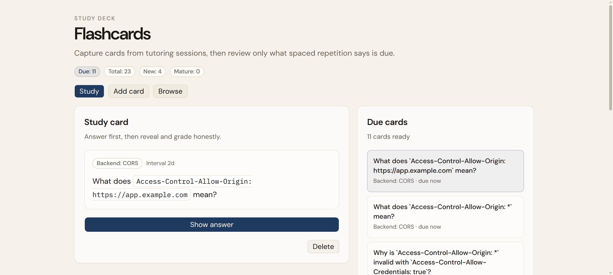The same flashcards extension opened as a standalone private app